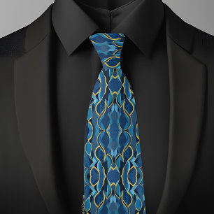 Bold Blue and Gold Geometric Wave Pattern Necktie Krawatte