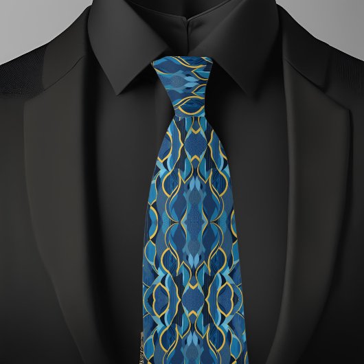 Bold Blue and Gold Geometric Wave Pattern Necktie Krawatte