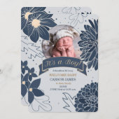 Bold Blue Botanical Es ist eine junge Geburtserklä Ankündigung (Vorne/Hinten)