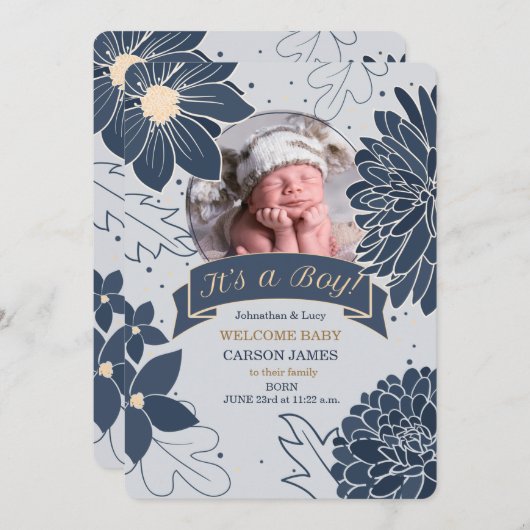 Bold Blue Botanical Es ist eine junge Geburtserklä Ankündigung (Vorne/Hinten)