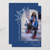 Bold Blue Botanical Floral Arch Foto Wedding Save The Date (Vorne/Hinten)