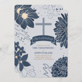 Bold Blue Botanicals mit Cross Christening Einladung (Vorne/Hinten)
