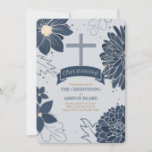 Bold Blue Botanicals mit Cross Christening Einladung (Vorderseite)