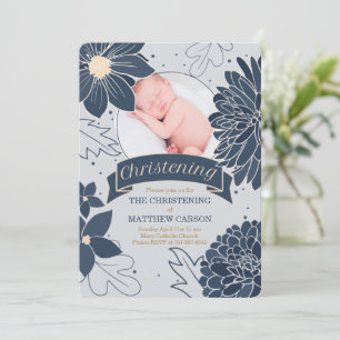 Bold Blue Botanicals mit Foto Christening Einladung
