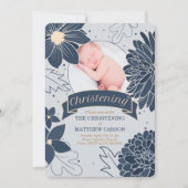 Bold Blue Botanicals mit Foto Christening Einladung (Vorderseite)