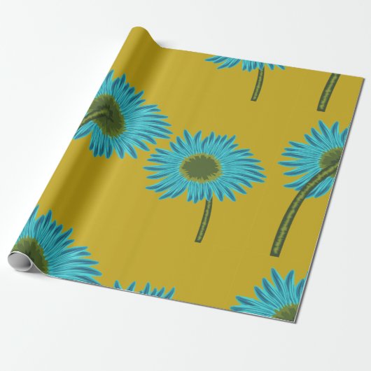 Bold Blue Daisy Art auf Mustard Yellow Background Geschenkpapier (Ungerollt)