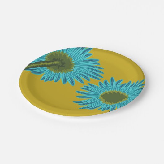 Bold Blue Daisy Art auf Mustard Yellow Background Pappteller (Schrägansicht)