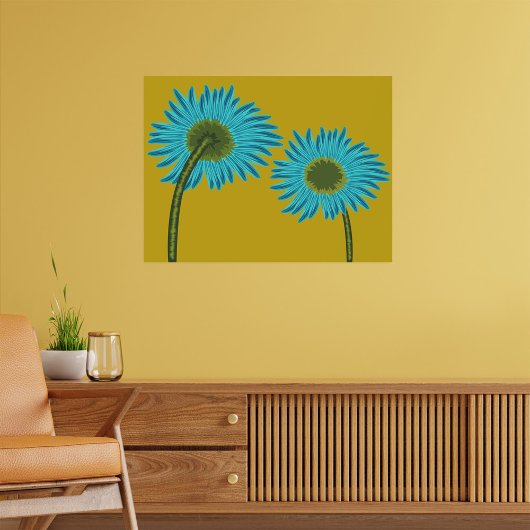 Bold Blue Daisy Art auf Mustard Yellow Background Poster