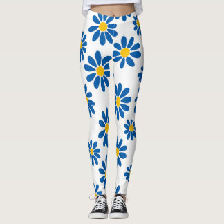 Bold Blue Daisy Floral Print Leggings