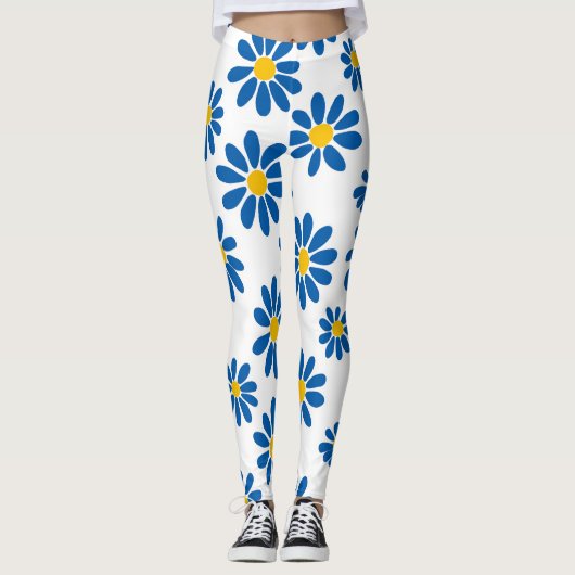Bold Blue Daisy Floral Print Leggings (Vorderseite)