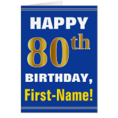 Bold, Blue, Faux Gold 80th Birthday w/ Name Card (Vorne)