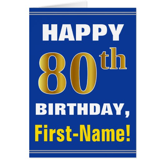 Bold, Blue, Faux Gold 80th Birthday w/ Name Card (Vorne)