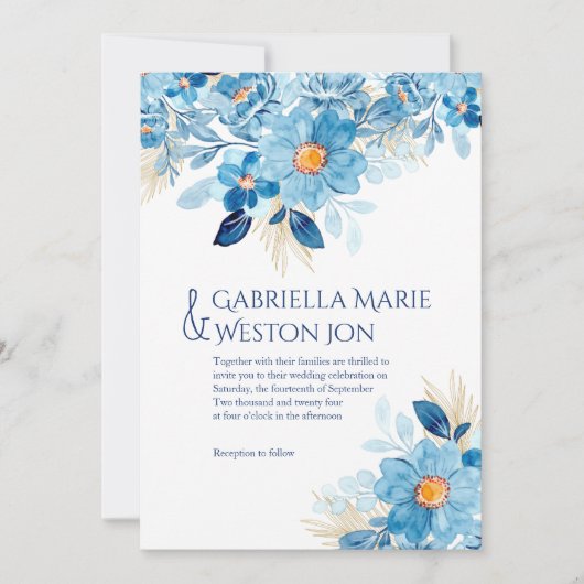 Bold Blue Floral Themed Hochzeit Einladung (Vorderseite)