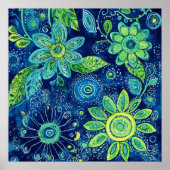 Bold Blue Green Floral Folk Art  Poster (Vorne)