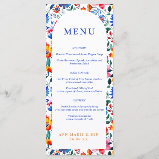 Bold Blue & Orange floral Folk Fiesta Wedding Menu Menükarte (Vorderseite)