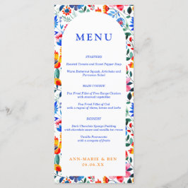 Bold Blue & Orange floral Folk Fiesta Wedding Menu Menükarte
