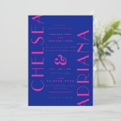 Bold Blue Pink Art Deco Typografy Wedding Einladung (Stehend Vorderseite)