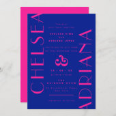Bold Blue Pink Art Deco Typografy Wedding Einladung (Vorne/Hinten)