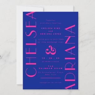Bold Blue Pink Art Deco Typografy Wedding Einladung