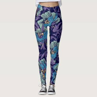 Bold Blue & Teal Botanical Print Floral Pattern Leggings