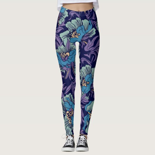 Bold Blue & Teal Botanical Print Floral Pattern Leggings (Vorderseite)