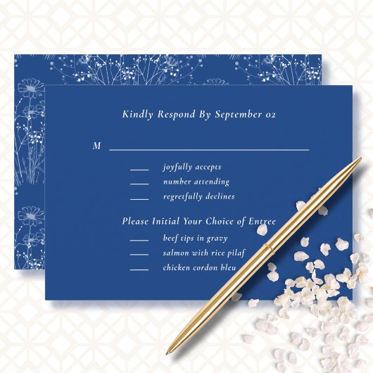 Bold Blue White Wildblume Boho Menu Wedding RSVP