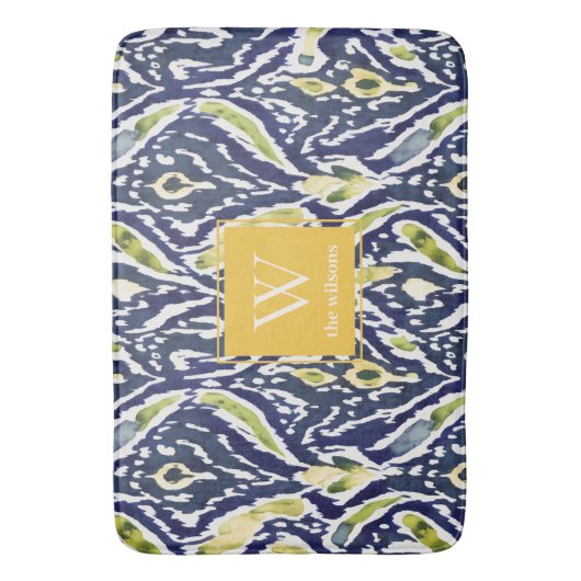 Bold Blue Yellow Abstrakt Classy Ikat Monogram Badematte (Vorderseite Vertikal)