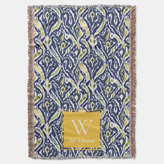 Bold Blue Yellow Abstrakt Classy Ikat Monogram Decke (Vorderseite Vertikal)