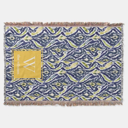 Bold Blue Yellow Abstrakt Classy Ikat Monogram Decke (Vorderseite)