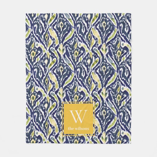 Bold Blue Yellow Abstrakt Classy Ikat Monogram Fleecedecke (Vorderseite)