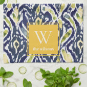 Bold Blue Yellow Abstrakt Classy Ikat Monogram Geschirrtuch (Gefaltet)