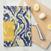 Bold Blue Yellow Abstrakt Classy Ikat Monogram Geschirrtuch (Viertel Falte)