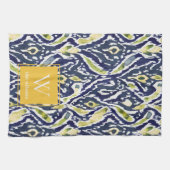 Bold Blue Yellow Abstrakt Classy Ikat Monogram Geschirrtuch (Horizontal)
