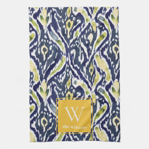 Bold Blue Yellow Abstrakt Classy Ikat Monogram Geschirrtuch