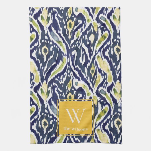 Bold Blue Yellow Abstrakt Classy Ikat Monogram Geschirrtuch (Vertikal)