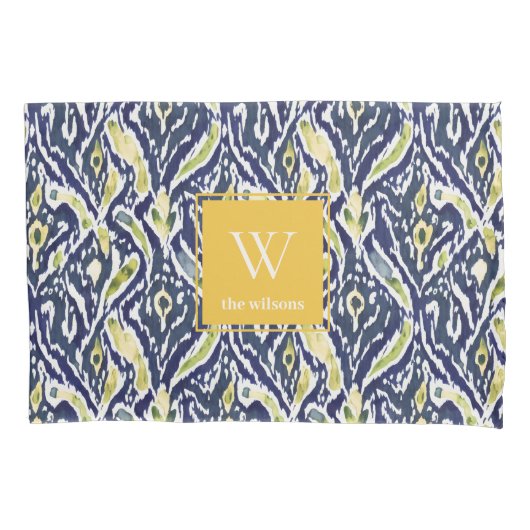Bold Blue Yellow Abstrakt Classy Ikat Monogram Kissenbezug (Vorderseite)