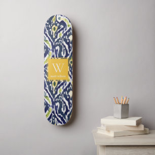 Bold Blue Yellow Abstrakt Classy Ikat Monogram Skateboard