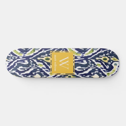 Bold Blue Yellow Abstrakt Classy Ikat Monogram Skateboard (Horizontal)