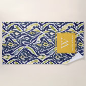 Bold Blue Yellow Abstrakt Classy Ikat Monogram Strandtuch (Vorderseite)