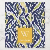 Bold Blue Yellow Abstrakt Classy Ikat Monogram Weinetikett (Einzelnes Label)