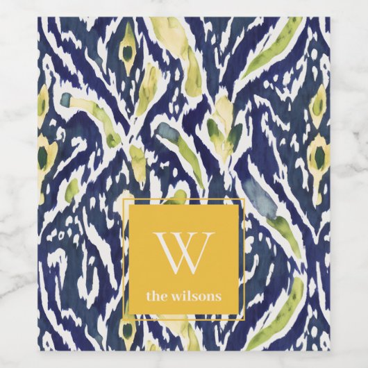 Bold Blue Yellow Abstrakt Classy Ikat Monogram Weinetikett (Einzelnes Label)