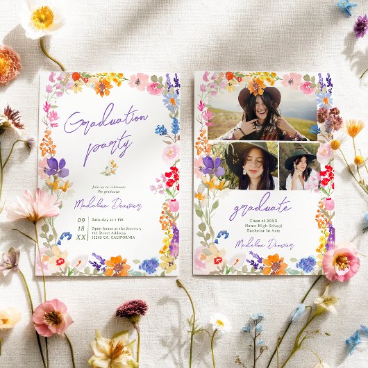 Bold Boho Bright Wildflower Photo Graduation Einladung