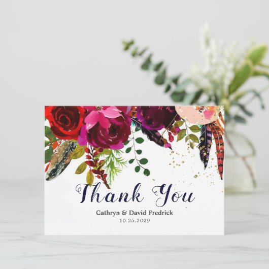Bold Boho Burgundy Navy Floral Wedding Flat Dankeskarte (Stehend Vorderseite)
