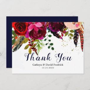 Bold Boho Burgundy Navy Floral Wedding Flat Dankeskarte