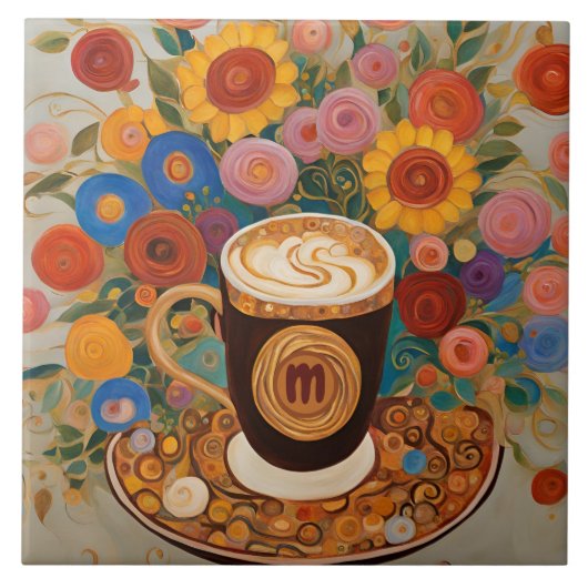 Bold Boho Floral Monogram Coffee Cup Fliese (Vorderseite)