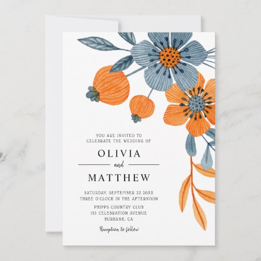 Bold Boho Floral Orange Blue Wedding Einladung (Vorderseite)