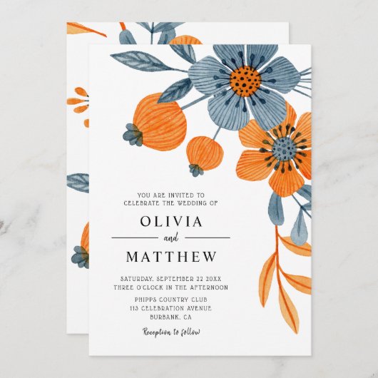 Bold Boho Floral Orange Blue Wedding Einladung (Vorne/Hinten)