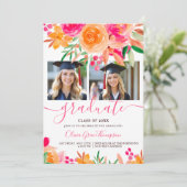 Bold Boho Watercolor Floral 2-Foto Abschluss Einladung (Stehend Vorderseite)