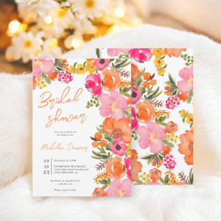Bold Boho Watercolor Orange Pink Floral Bridal Einladung