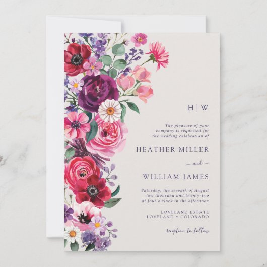 Bold Bright Floral Wedding Einladung (Vorderseite)